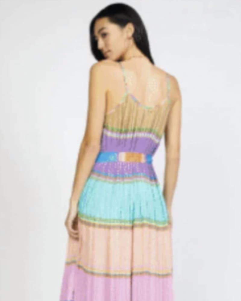 Back of a model wearing a size L Color Blocking Pleated Cami Midi Dress In Multi in Multi by current air. | dia_product_style_image_id:350501
